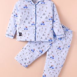 Enfance Core Cotton Woven Full Sleeves Car Printed Coordinating Night Suit Set - Blue-image-91
