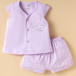 Zero Sinker Knit Front Open Half Sleeves Shorts Night Suit With Floral & Sea Life Print - Lilac-picture-11