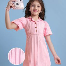 Hola Bonita Woven Collar Neck Half Sleeves Solid Colour Textured Frock - Pink-image-59