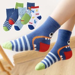 Kidofash Cotton Pack Of 5 Striped & Dinosaur Designed Socks - Green & Blue-picture-8