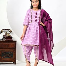 FlyFinns Cotton Three Fourth Sleeves Katha Printed & Lace Embellished Katha Kurta & Coordinating Dhoti With Dupatta Set - Lavender-image-28