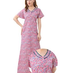 Piu Cotton Woven Half Sleeves Floral Printed Plus Size Maternity Nighty With Nursing Access - Pink-image-93