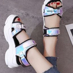 Shoetopia Fashion Text Designed Holographic Sandals - Silver-image-0