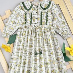 Bella Moda Cotton Full Puffed Sleeves Floral Printed Lace Embellished Dress - Green-image-5