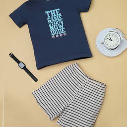 RAINE AND JAINE Cotton Knit Half Sleeves The Game Starts Now Dude Text Printed Tee & Striped Shorts Set - Navy Blue & White-picture-7