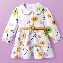 Babyoye Cotton Knit Full Sleeves Frock & Belt With Peter Pan Collar & Floral Print - White-image-46