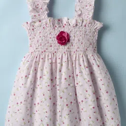 Dew Drops Cotton Woven Sleeveless Smock with Frill Detailing & Floral Print - White & Pink-picture-30