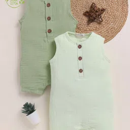 Cot & Candy Organic Cotton Muslin Knit Pack Of 2 Sleeveless Solid Rompers - Pistachio Cream & Sage-picture-5