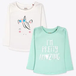 Ariel Cotton Knit Pack Of 2 Full Sleeves I M Pretty Amazing Text & Unicorn Printed Tees - Cream & Green-picture-12