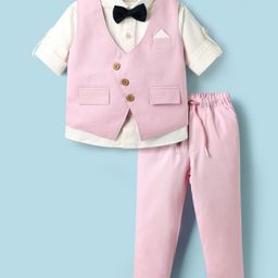 Rikidoos Full Sleeves Checked 3 Piece Party Suit With Bow Set - Baby Pink & White-picture-43