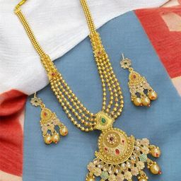 AADESH Gold-Plated Stone-Studded & Beaded Jewellery Set-image-17