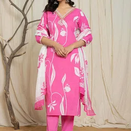 IkDaiya Floral Printed V-Neck Mirror Work Pure Cotton Kurta With Trousers & Dupatta-15