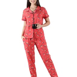 LABEL MY Women Watermelon Printed Lapel Collar Shirt & Pyjamas Night suit-image-50