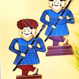 apka mart 2Pcs Blue & Red Printed Wooden Rajasthani Royal Guards Darbaan Wall Hangings-27