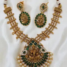 Diksha collection Brass-Plated Stone Studded & Beaded Matte Finish Temple Jewellery Set-image-58
