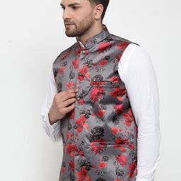 Jompers Men Grey & Red Printed Nehru Jacket image 3