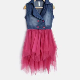 StyleStone Girls Blue & Pink Colourblocked Fit & Flare Dress-image-104