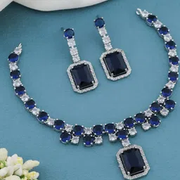 TIYARA Women Blue & Silver-Plated Cubic Zirconia Studded Necklace & Earrings-11