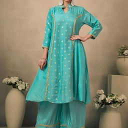 Turquoise Zari Weaving & Stone Work Silk Blend A-Line Co-Ord Set-picture-29