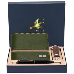 Hornbull Men Denial Green Leather Wallet, Keyring & Pen Combo Accessory Gift Set-image-78