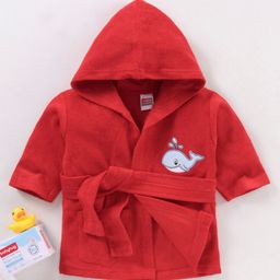 Babyhug Cotton Full Sleeves Whale Embroidery Hooded Bath Robe - Red-image-88
