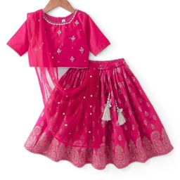 Babyhug Three Fourth Sleeves Floral Embroidered Choli & Lehenga Set With Dupatta - Fuchsia-22