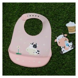 Yellow Bee Silicone Cow Print Bib  with Crumb Catcher and Adjustable Closure for Girls - Pink-picture-24