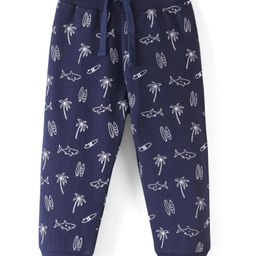 Babyhug Cotton Looper Knit Full Length Lounge  Pant Palm Tree Print - Navy Blue-image-18