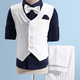 Robo Fry Cotton Woven Full Sleeves 3 Piece Solid Colour Party Suit with Bow - White-image-82