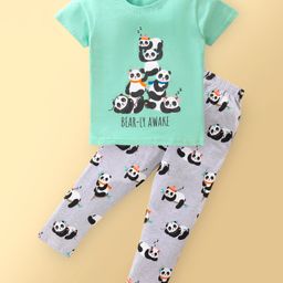Doreme Single Jersey Knit Half Sleeves Nightsuit With Panda Print- Green-picture-3