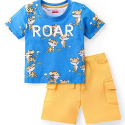 Babyhug Single Jersey Knit Half Sleeves T-Shirt and Short Set With Roar Tiger Print- Blue & Yellow-image-71