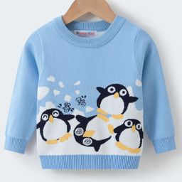 Kookie Kids Knit Full Sleeves Pullover Sweater with Penguin Design - Light Blue-image-48