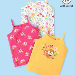 Babyhug 100% Cotton Knit Sleeveless Antibacterial Slipswith Floral & Squirrel Print Pack of 3 - White Pink & Yellow-image-23