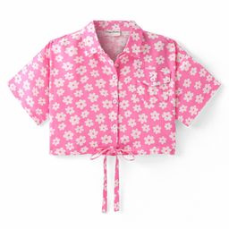CrayonFlakes Half Sleeves Floral Printed Knotted Crop Top - Pink-image-63