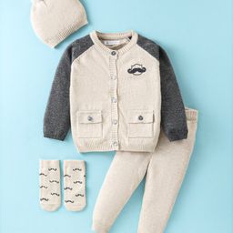 Yellow Apple Full Raglan Sleeves Front Open Sweater Set with Caps & Socks -Cream-image-61