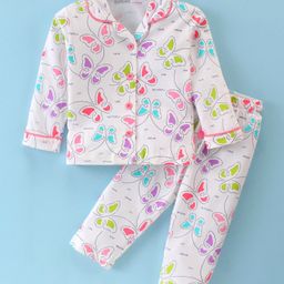 Doreme Single Jersey Knit Full Sleeves Night Suit Butterfly Print - White-picture-13