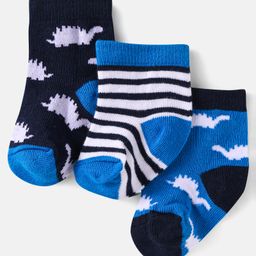 Cute Walk by Babyhug Cotton Knit Anti-Bacterial Ankle Length Dino & Stripe Designed Socks Pack of 3 - Blue White & Black-image-48