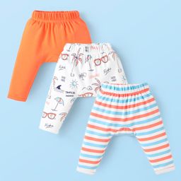 Doodle Poodle Interlock Knit Full Length Diaper Leggings with Stripes & Beach Theme Print Pack of 3 - White & Orange-image-98