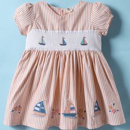 ToffyHouse Cotton Woven Half Sleeves Frock With Smocked & Boat Embriodery - Orange-picture-49