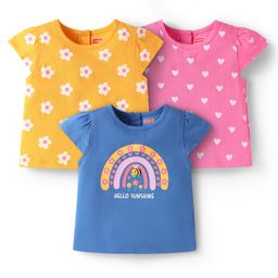 Babyhug Cotton Knit Cap Sleeves T-Shirts with Floral Hearts & Rainbow Print Pack of 3 - Yellow Blue & Pink-image-100