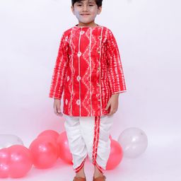 BownBee Pure Cotton Full Sleeves Lace Embellished Tie Dye Kurta Dhoti Set - Red-image-94