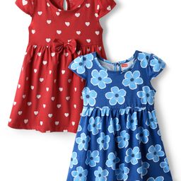Babyhug Single Jersey Knit Cap Sleeves Frocks With Floral Print & Bow Applique Pack Of 2 - Red & Blue-image-32