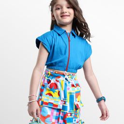 Ollington St.Cotton Short Sleeves Front Open Top & Printed Skirt Set - Blue & Multicolor-image-81