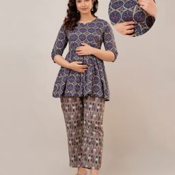 CeleBravo Cotton Three Fourth Sleeves Floral Motifs Printed Maternity Kurta With Nursing Access & Pant Set - Purple-image-100