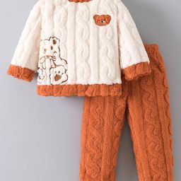 Mark & Mia Full Sleeves Winter Wear Night Suit With Bear & Cable Knit Design - Brown & Cream-image-20