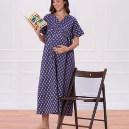 Bella Mama Cotton Woven Half Sleeves Printed Nursing Nighty - Blue-picture-17