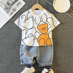 Googo Gaaga Cotton Half Sleeves Teddy Bears Printed Tee & Distressed Shorts Set - White-picture-4