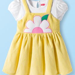 Babyhug Cotton Woven Cap Sleeves Floral Embroidered Frock With Inner Tee - White & Yellow-picture-49