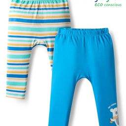 Babyoye 100% Cotton Eco Jiva Finish Full Length Diaper Leggings With Stripes & Teddy Print Pack of 2 - Light Blue & White-picture-9