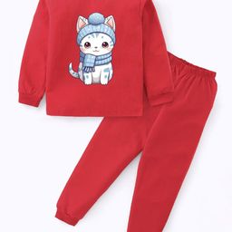 BLUSHES Kids Sitting Cat Printed Pure Cotton Full Sleeves Night Suit-image-46
